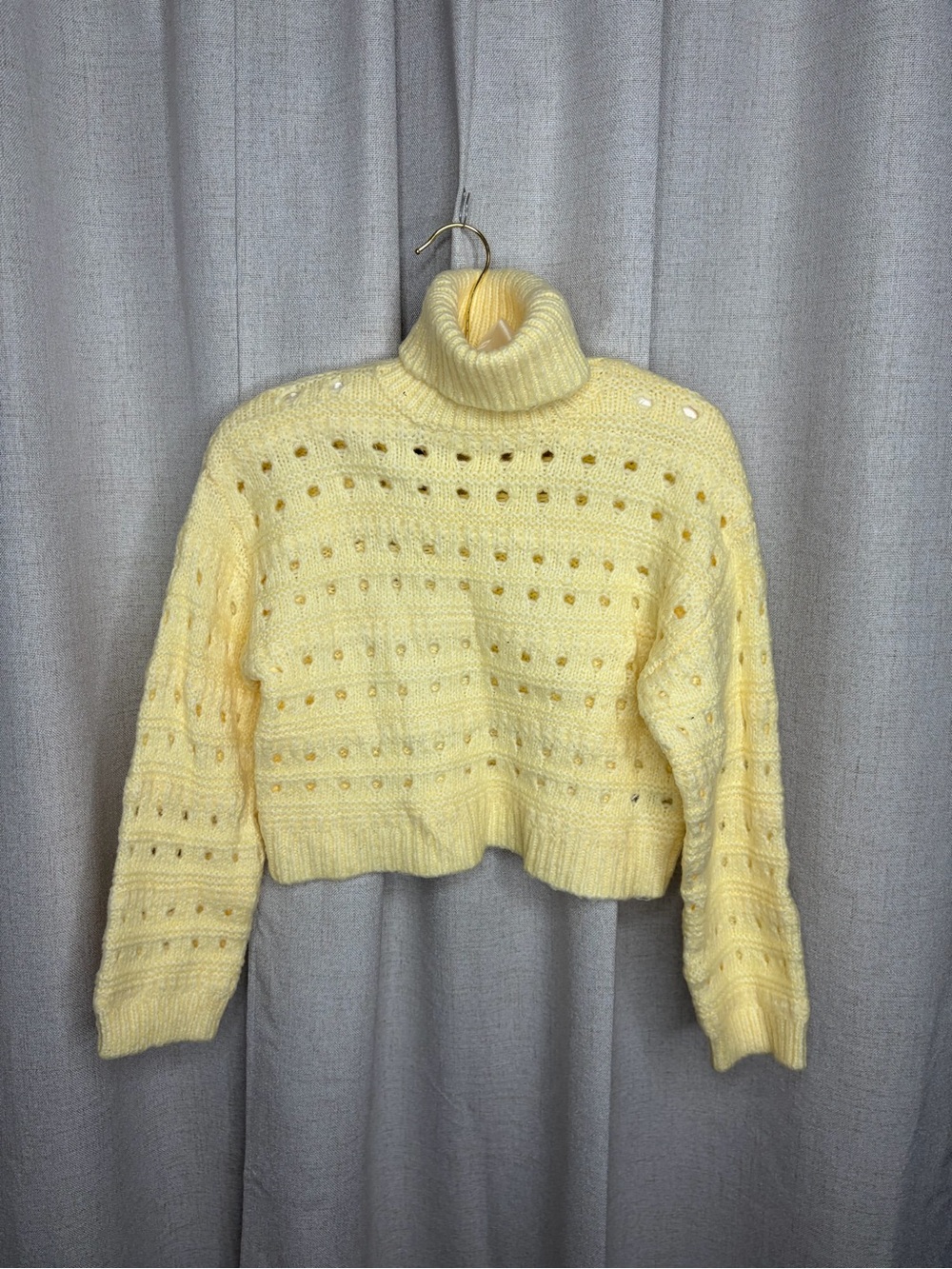 Zara Pale Yellow Open-Knit Turtleneck Sweater